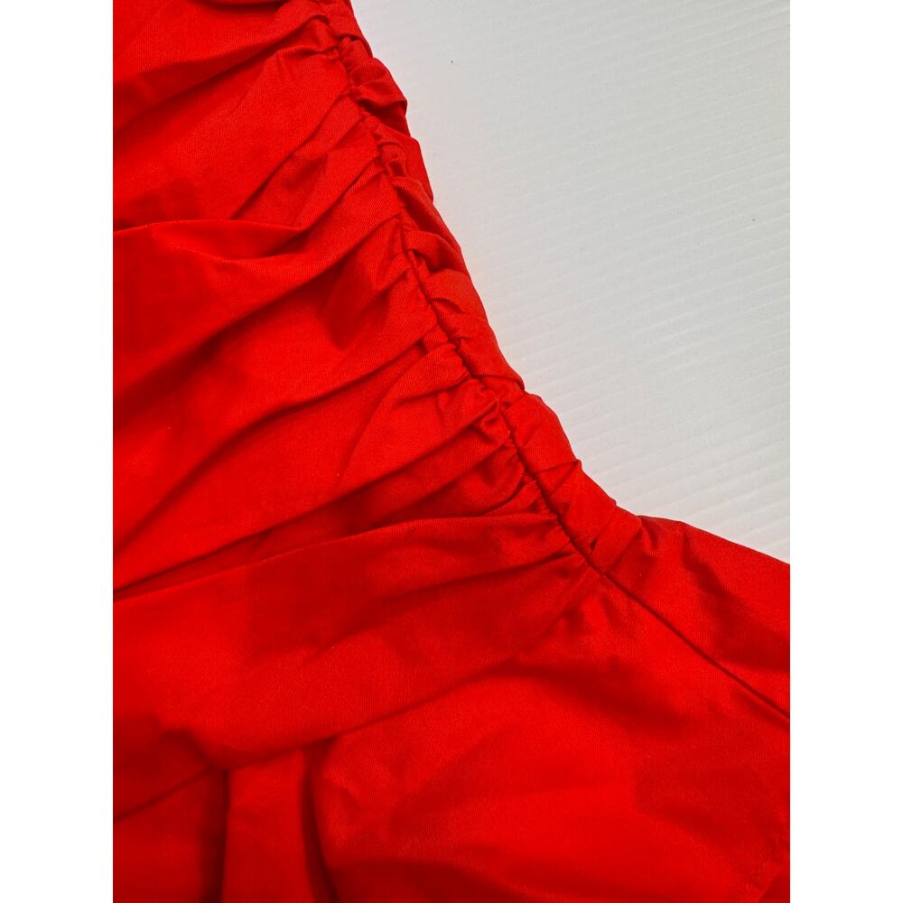 Bardot The Amie Red Ruched Mini Dress Puff Sleeve Ruffle Hem NWT L 10 Cotton - Picture 9 of 16